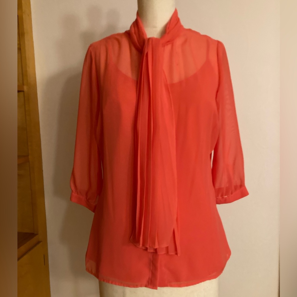 Worthington Coral/Mango Blouse Sheer Pleated Details